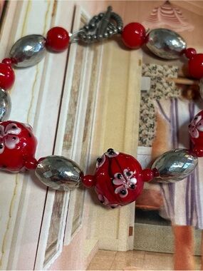 Artisan Red Floral Glass Bead Bracelet with Silver Accents